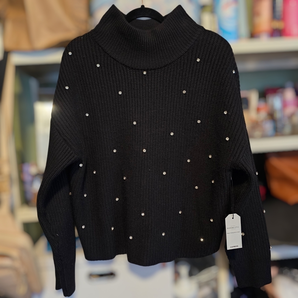 Express Black Turtleneck Sweater with Pearl Details